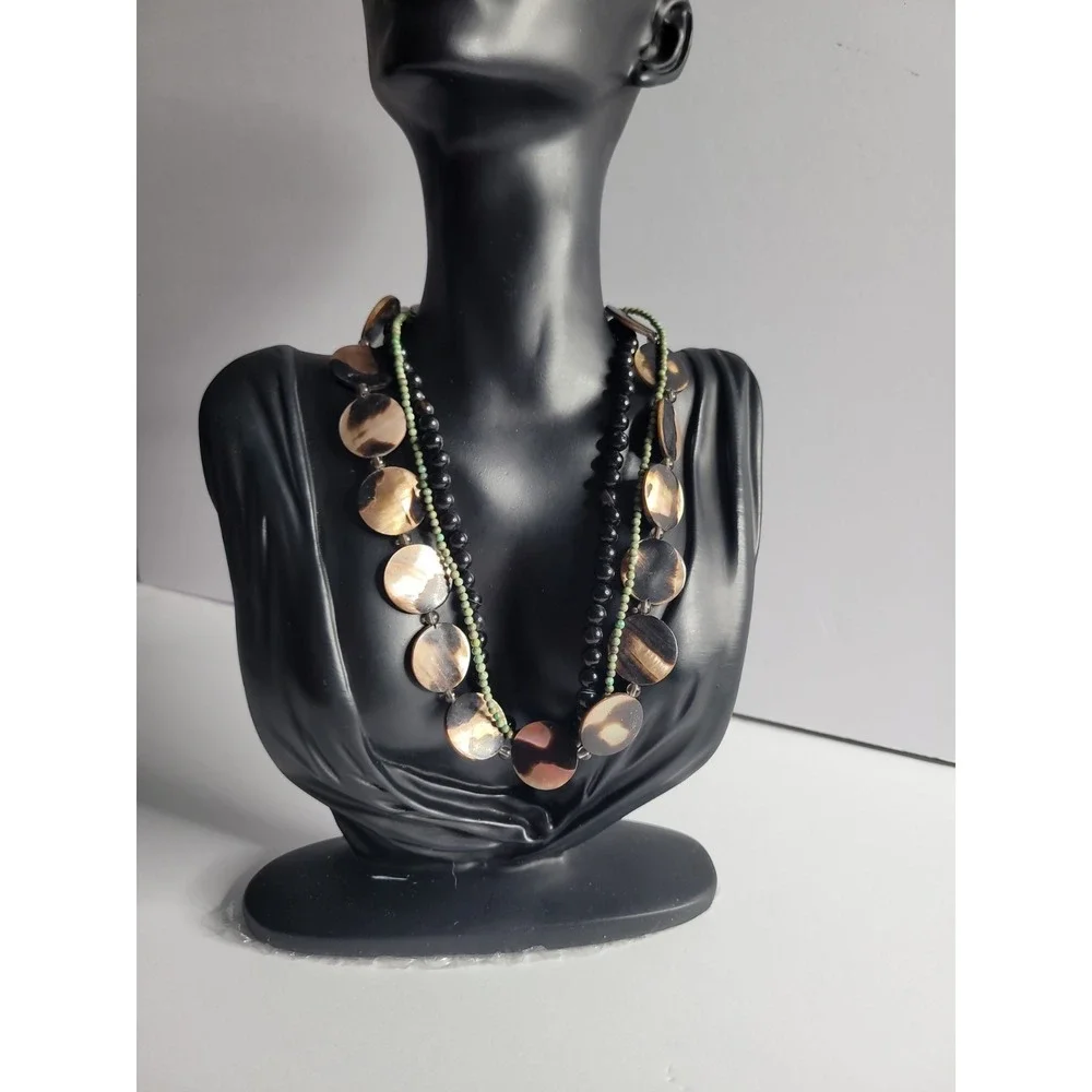 Multi Strand Shell Disc Necklace 925 Sterling‎ Clasp Black Bead Boho Artisan